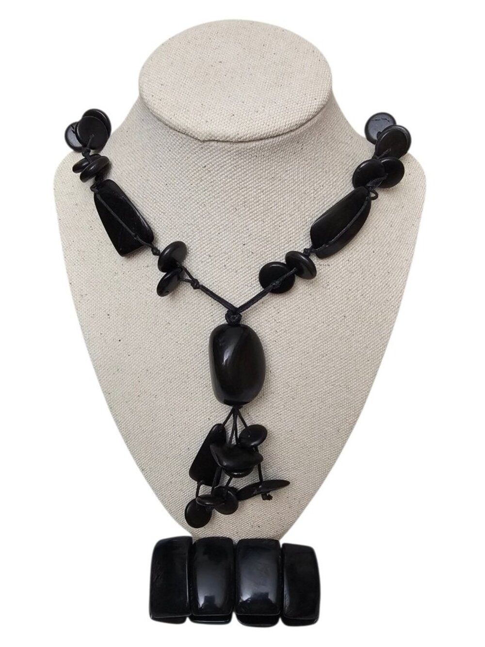 Black Chunky Statement Necklace Bracelet Set Boho Tribal Style Artisan Jewelry